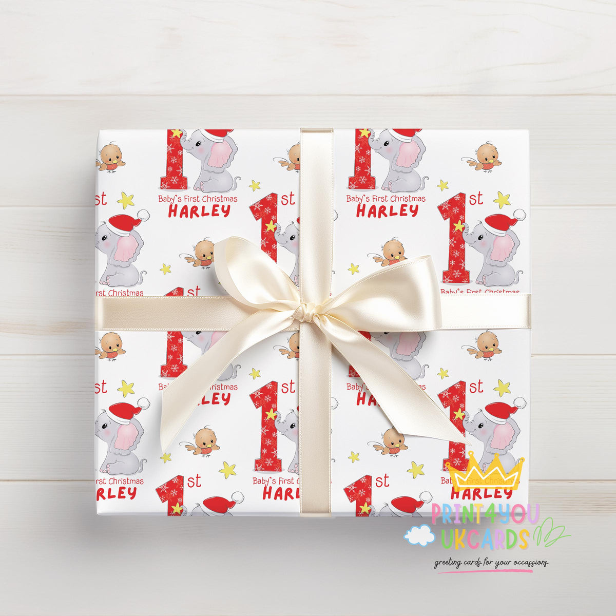 Printed baby christmas wrap shown as wrapping paper