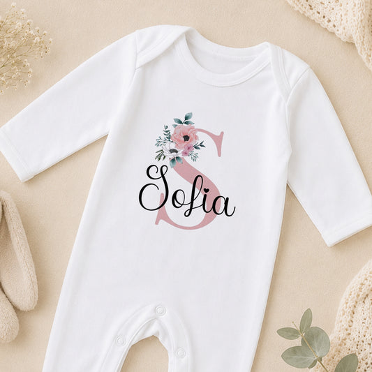 Personalised Pink Floral New Baby Gift sleepsuit