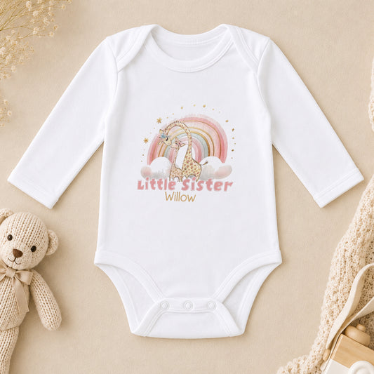 Personalised Little Sister Rainbow Giraffe Baby long sleeve vest