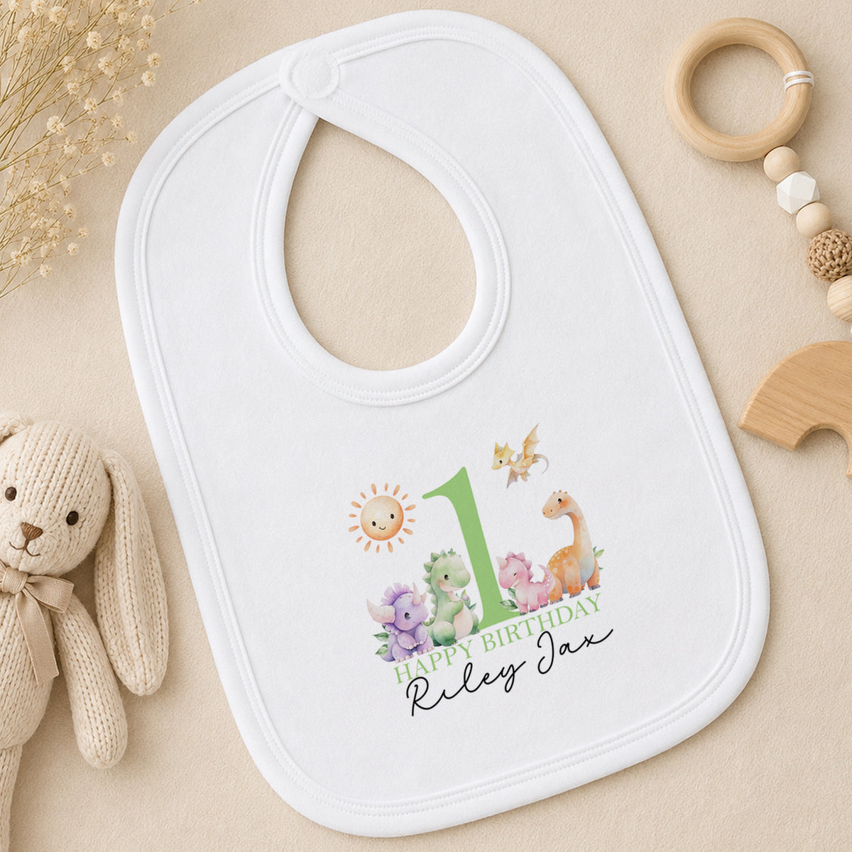 Personalised Green Dinosaur First Birthday bib