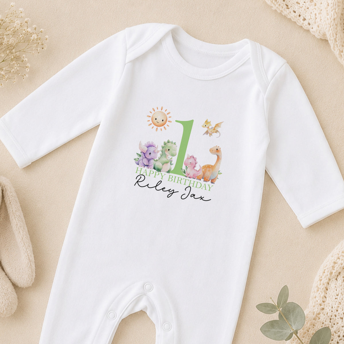 Personalised Green Dinosaur First Birthday sleepsuit