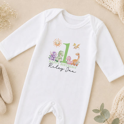 Personalised Green Dinosaur First Birthday sleepsuit