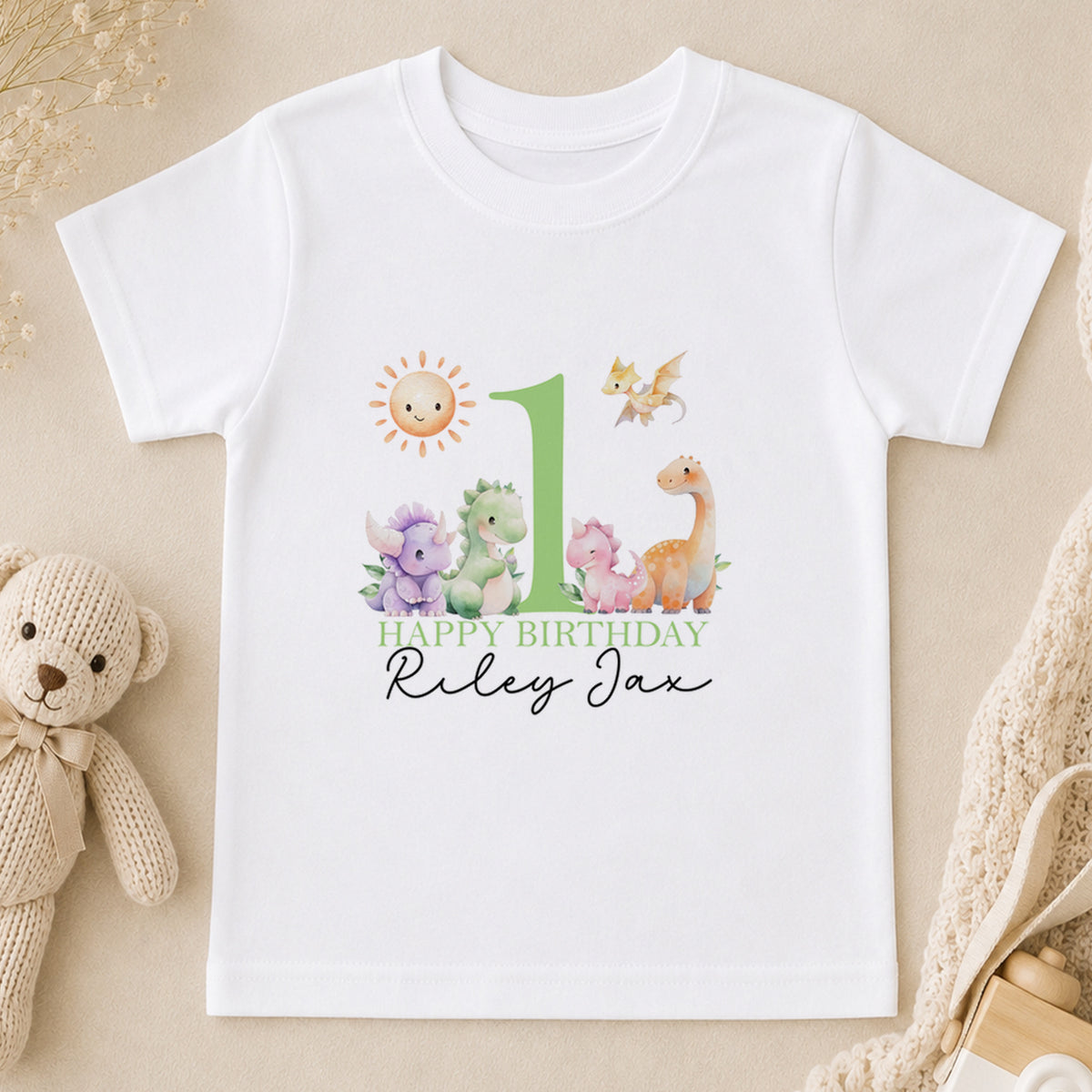 Personalised Green Dinosaur First Birthday t-shirt