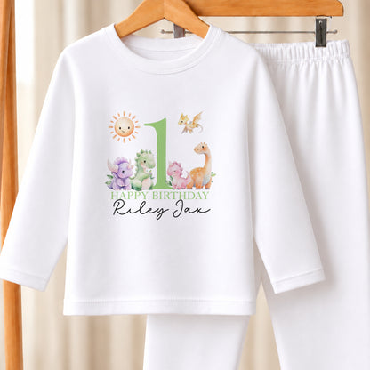 Personalised Green Dinosaur First Birthday white pyjamas