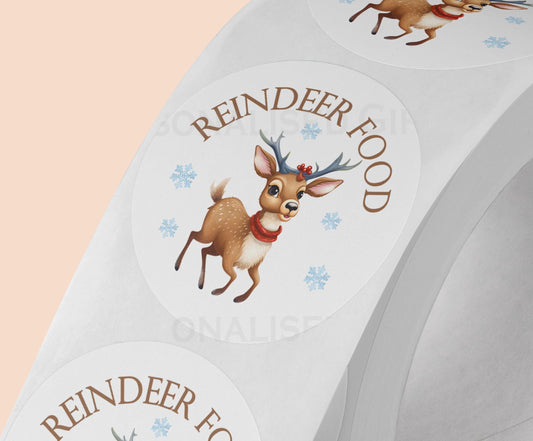 Reindeer food Christmas sticker on a strip – glossy white 5cm round gift label printed with a