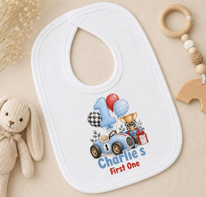 Personalised race car first birthday bib with number 1 and Charlie's First One