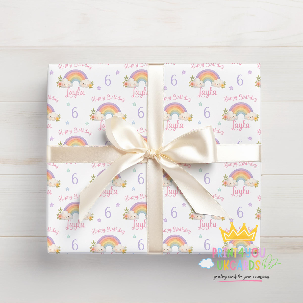 Close-up detail of personalised rainbow birthday wrapping paper showing the colourful rainbow pattern and custom text.