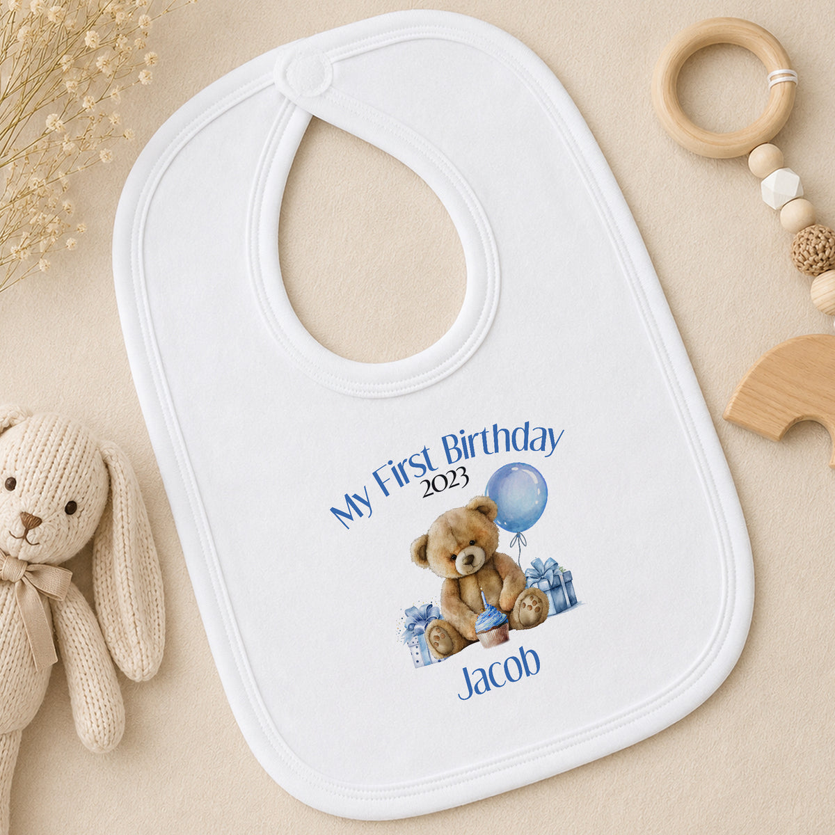 Personalised Blue Stripe Teddy Bear First Birthday bib
