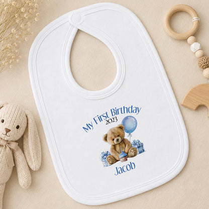 Personalised Blue Stripe Teddy Bear First Birthday bib