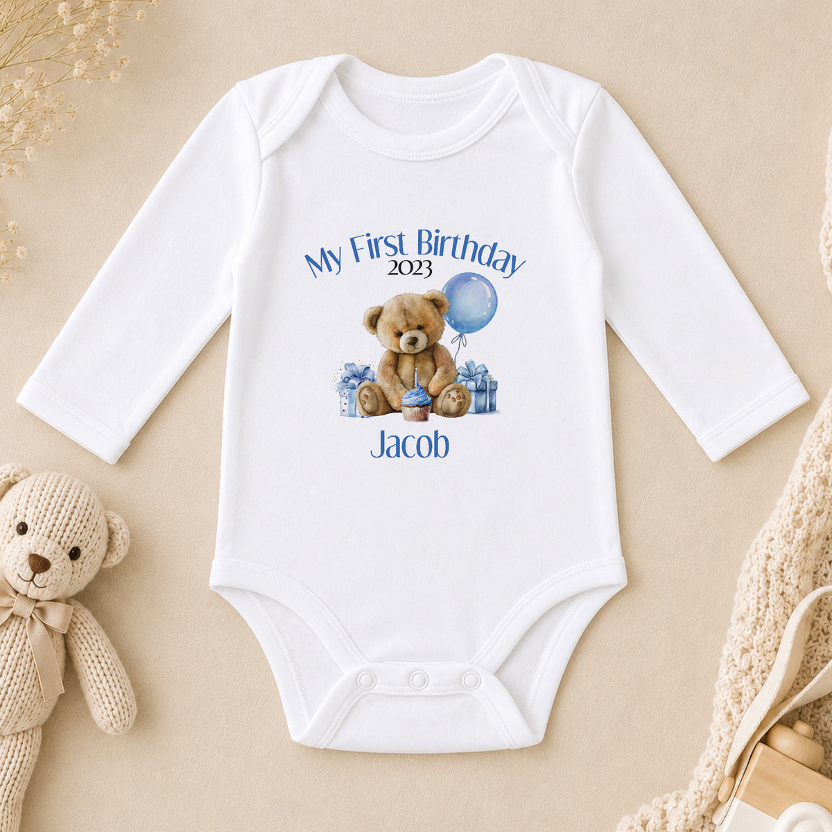 Personalised Blue Stripe Teddy Bear First Birthday long sleeve vest