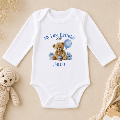 Personalised Blue Stripe Teddy Bear First Birthday long sleeve vest