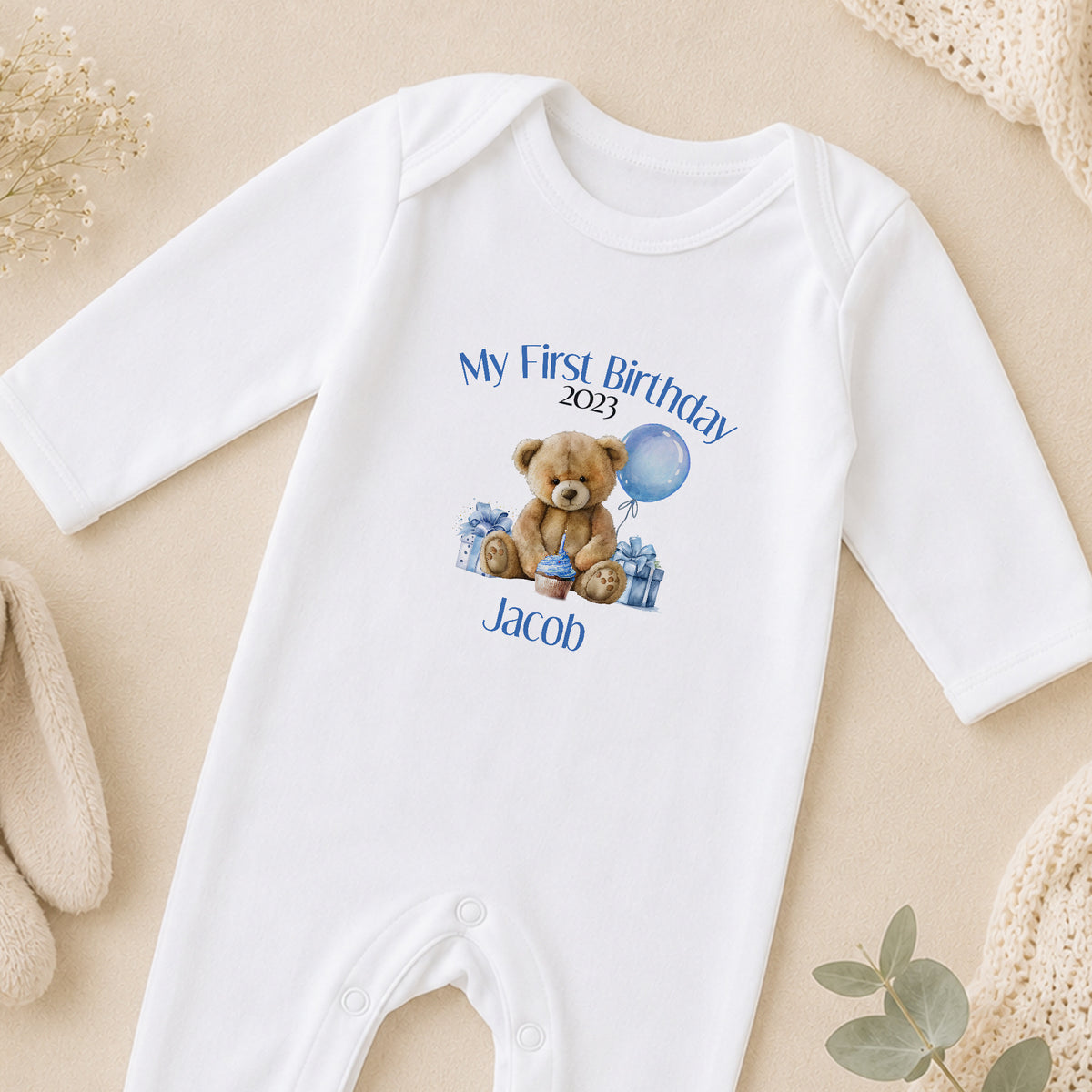 Personalised Blue Stripe Teddy Bear First Birthday sleepsuit
