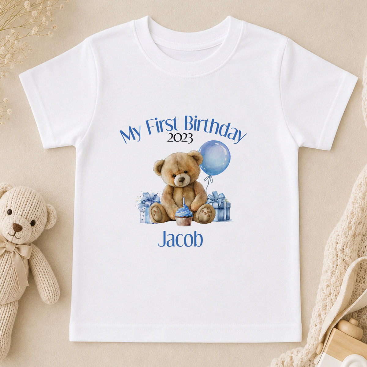 Personalised Blue Stripe Teddy Bear First Birthday t-shirt