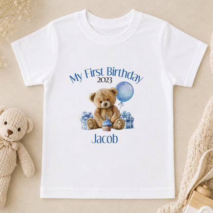 Personalised Blue Stripe Teddy Bear First Birthday t-shirt