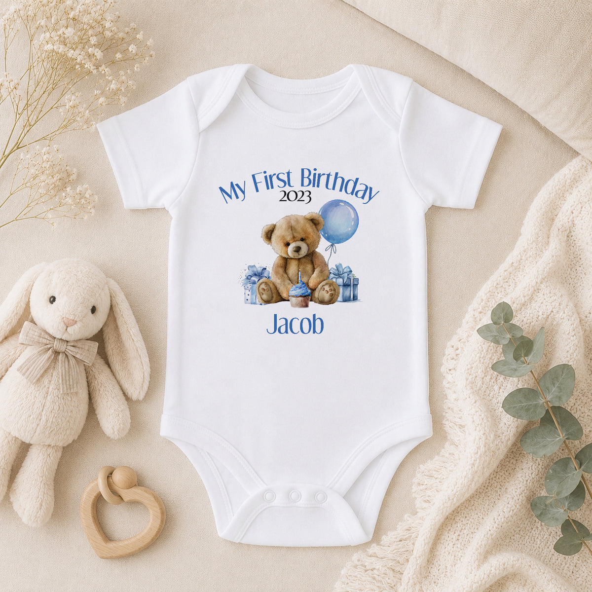 Personalised Blue Stripe Teddy Bear First Birthday baby vest
