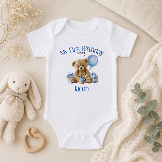 Personalised Blue Stripe Teddy Bear First Birthday baby vest