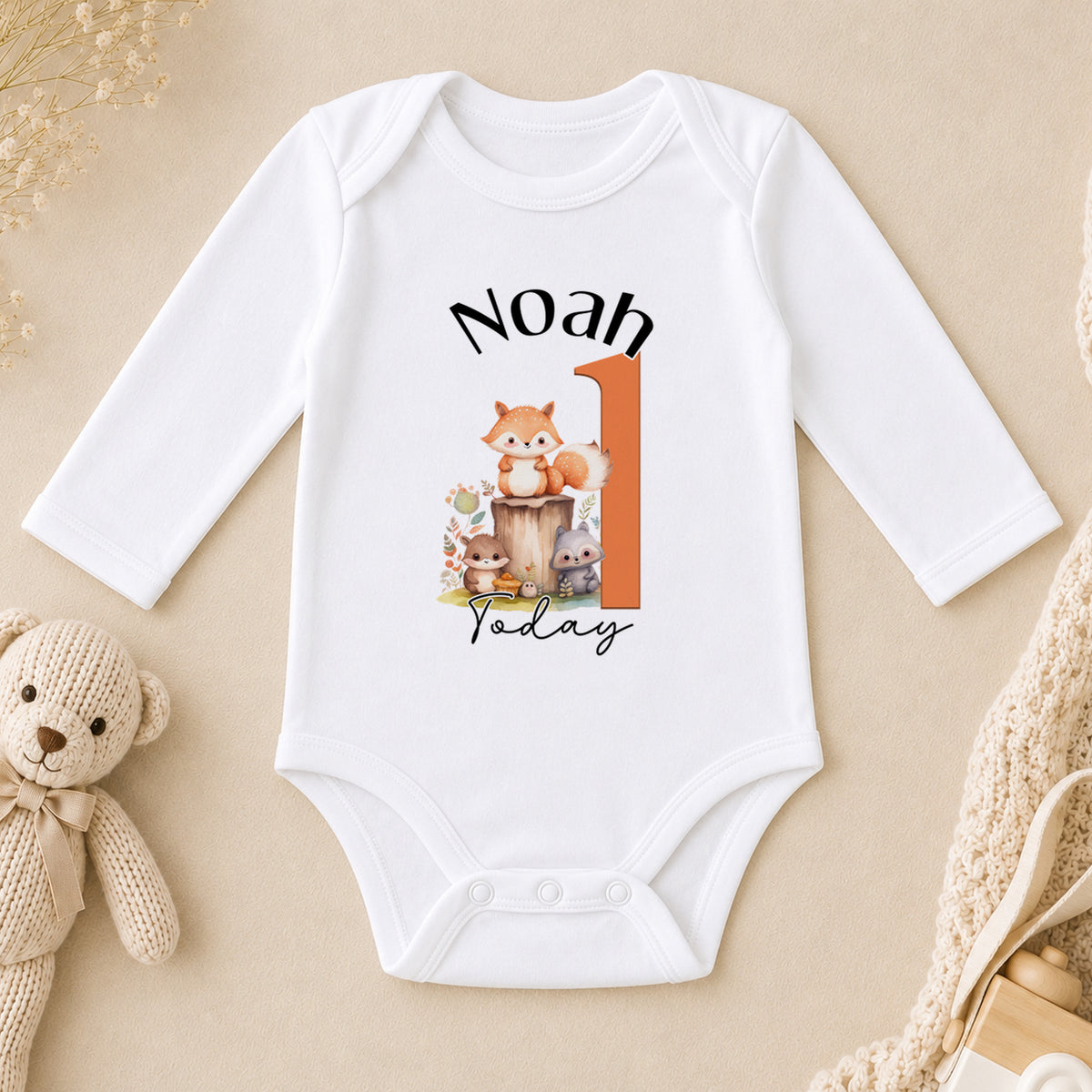 Personalised Woodland Fox First Birthday long sleeve vest