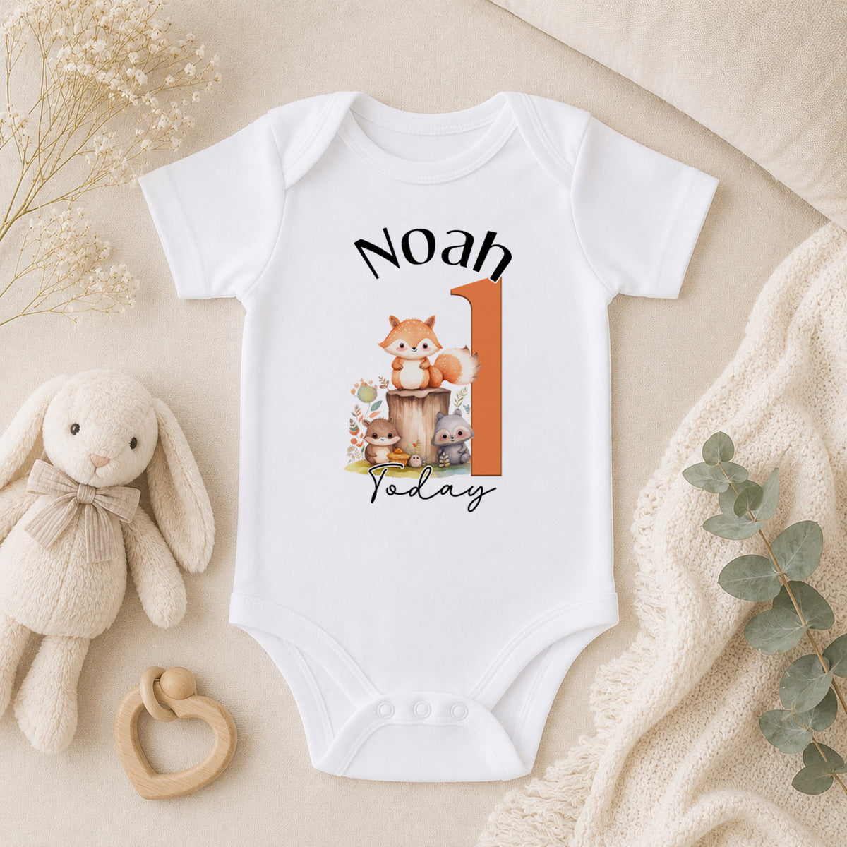 Personalised Woodland Fox First Birthday baby vest
