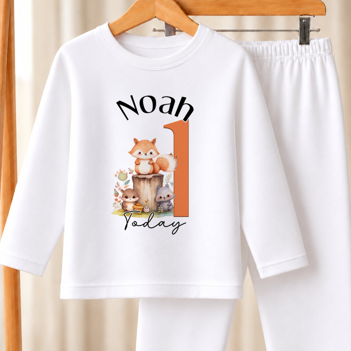 Personalised Woodland Fox First Birthday white pyjamas