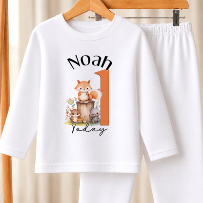 Personalised Woodland Fox First Birthday white pyjamas