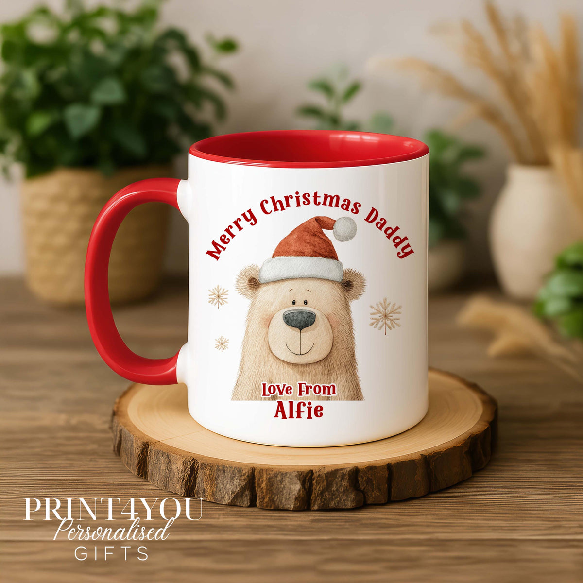 Personalised Christmas Mug – Bear in Santa Hat, Gift from Child or Grandchild