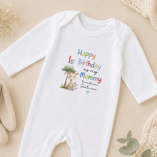 Personalised Pastel Giraffe First Birthday sleepsuit