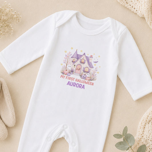 Personalised Pink & Purple Ghost House Baby Halloween sleepsuit