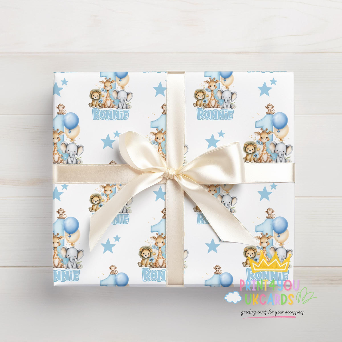 Blue Safari Wrapping Paper, Personalised Name, Boys 1st Birthday