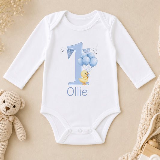 Personalised First Birthday Outfit - Blue Balloon Duck Design long sleeve vest