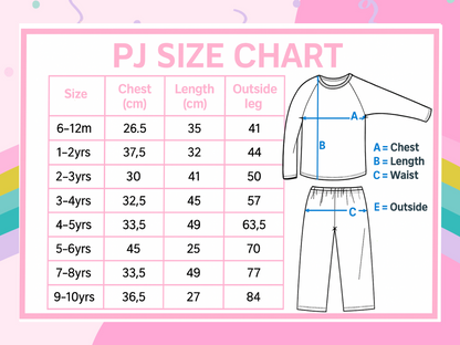 Pyjama size chart with chest, length and outside leg measurements from 6-12 months to 9-10 years