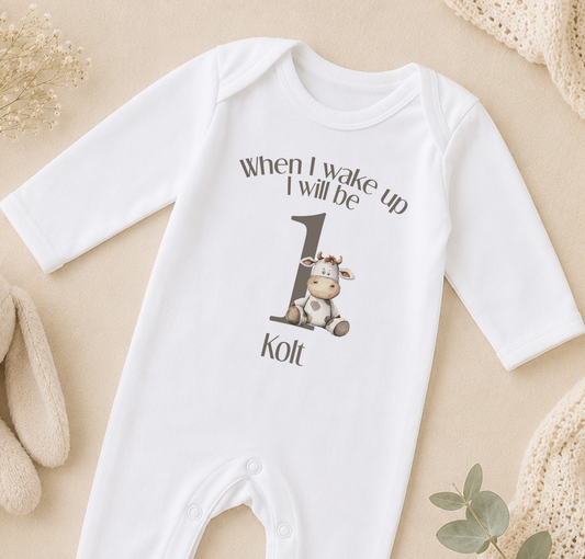 A white onesie with a cartoon cow and the text "When I wake up I will be 1 Kott" printed on it.