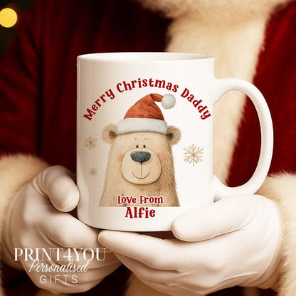 Personalised Christmas Mug – Bear in Santa Hat, Gift from Child or Grandchild