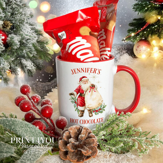 Personalised Santa and reindeer Christmas mug with red handle and custom name, cabin design