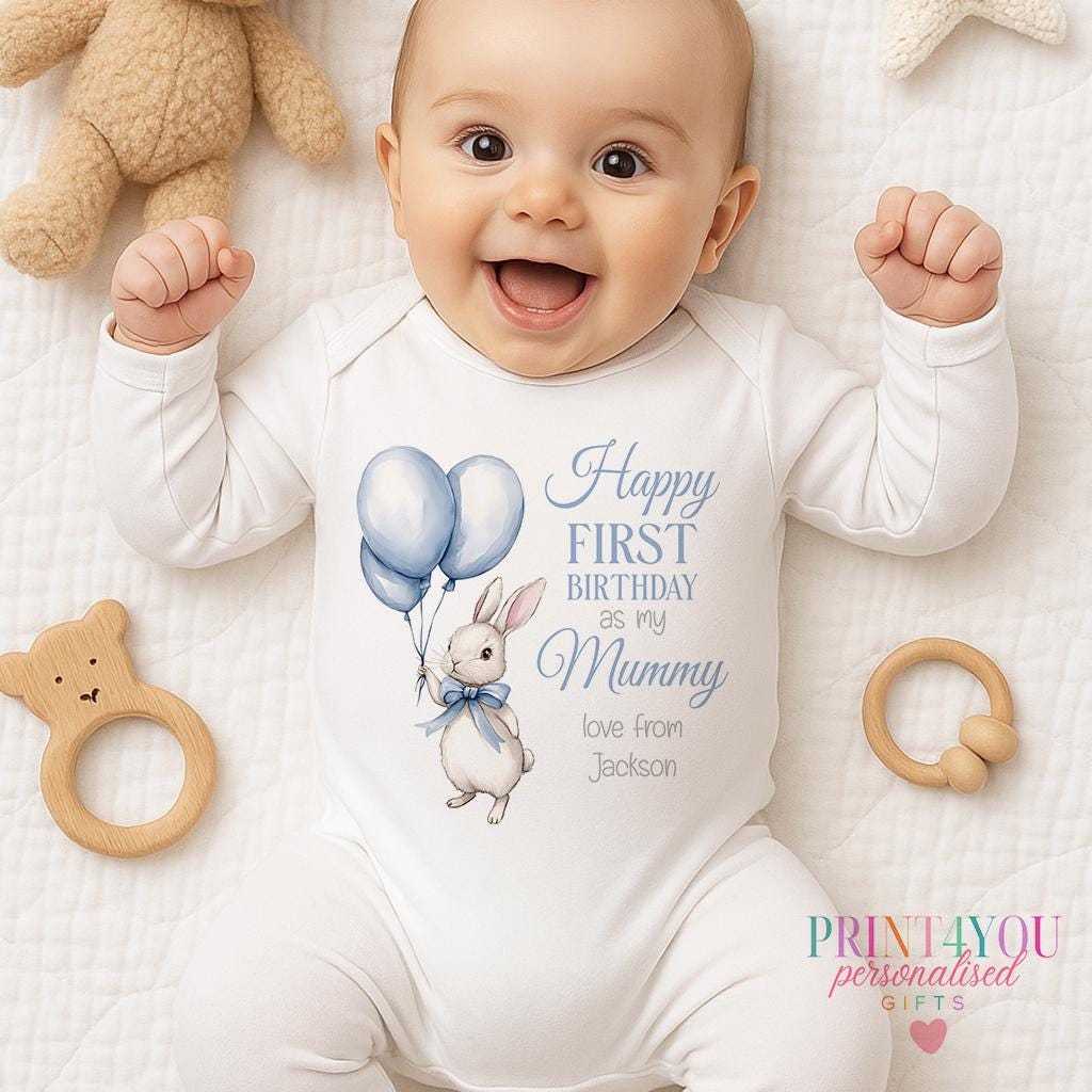 Personalised blue bunny first birthday bib, customised with a name and choice of family relation - Mummy, Daddy, Nanny and more.
