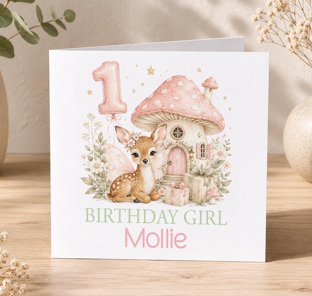 Personalised fairytale deer 1st birthday card – baby deer by a pink toadstool house with a number 1 balloon, Birthday Girl Mollie