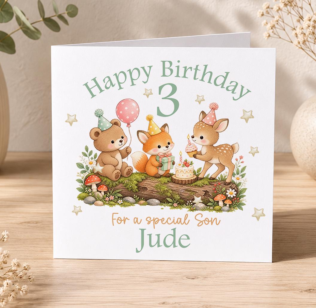 Personalised woodland birthday card – bear, fox and deer party on a log, Happy Birthday 3 For a Special Son Jude