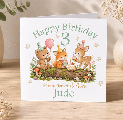 Personalised woodland birthday card – bear, fox and deer party on a log, Happy Birthday 3 For a Special Son Jude
