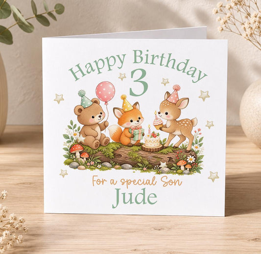 Personalised woodland birthday card – bear, fox and deer party on a log, Happy Birthday 3 For a Special Son Jude