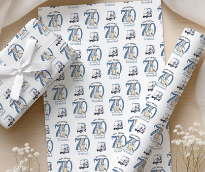 Close-up of the personalised golf wrapping paper showing the golfer illustration and custom age detail.
