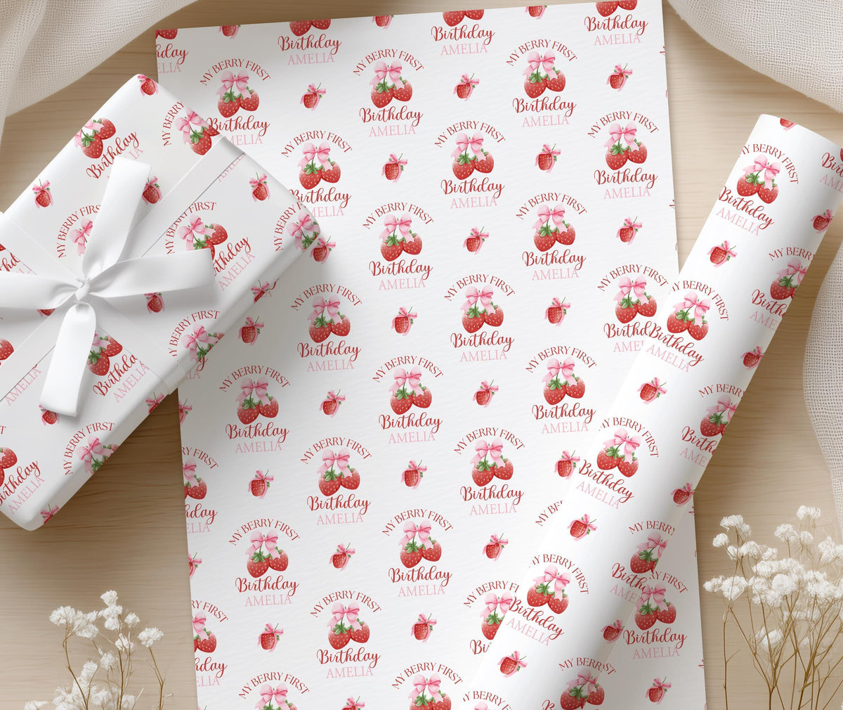 Strawberry Wrapping Paper, Personalised Name, Girls 1st Birthday Bow