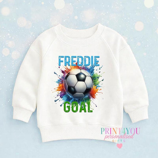 White cotton children's sweatshirt printed with a colourful splash football design and personalised name, laid flat.