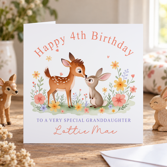 4th Birthday Card – Personalised Woodland Deer & Bunny