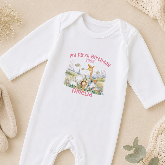 Personalised Safari Meadow First Birthday sleepsuit