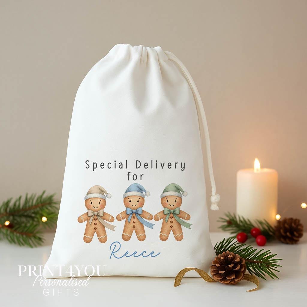 Personalised gingerbread Christmas sack, white A3 drawstring gift bag printed with three gingerbread men in blue hats and Special Delivery for a name