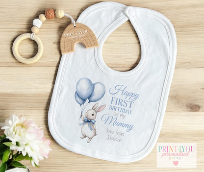 Personalised blue bunny first birthday t-shirt, printed with the baby's name and chosen family title.