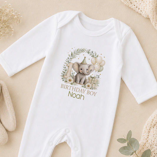 Personalised Elephant 1st Birthday sleepsuit