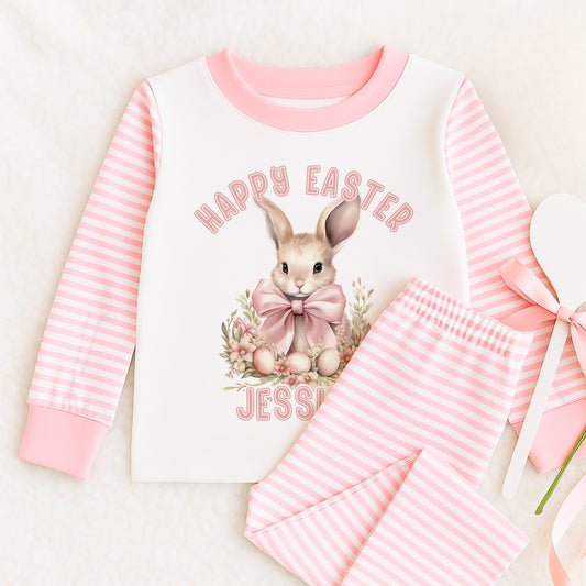 Personalised Boys Easter Pyjamas – Pink Striped Kids Cotton Sleepwear With Cute Bunny Design - 6-12 months