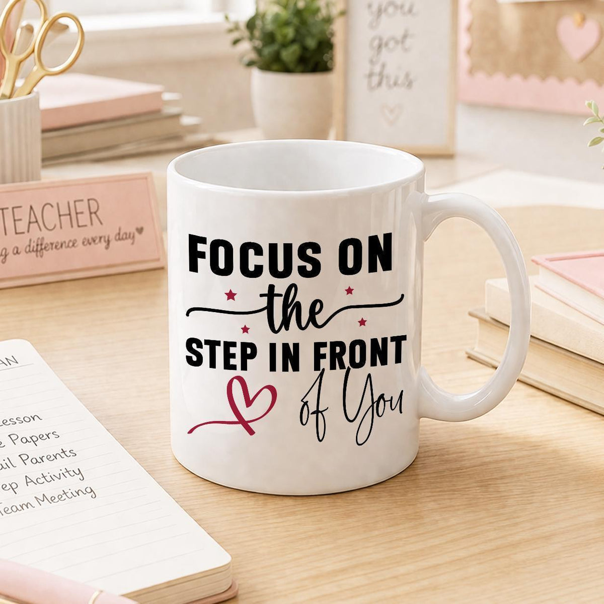 White ceramic mug printed with an uplifting motivational quote design