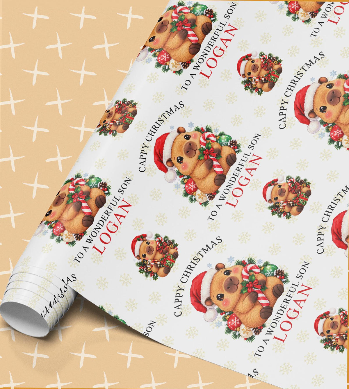 Personalised Cappy Christmas wrapping paper roll – capybara in a Santa hat with a candy cane and To a Wonderful Son Logan