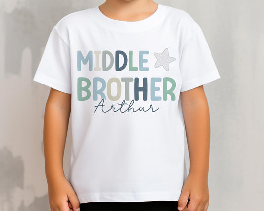 White t-shirt printed with 'Promoted to Big Brother' design, personalised with a boy's name, front view